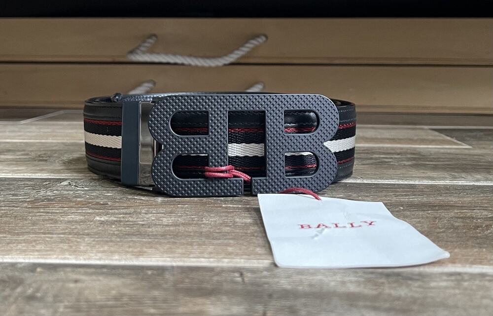 $495 NWT Bally Mens BB Logo Belt Black Red White Stripe Leather Designer 85/34